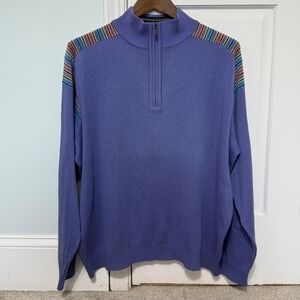 St Croix Men's Large Purple 1/4 Zip Sweater Striped Shoulders Golf Casual
